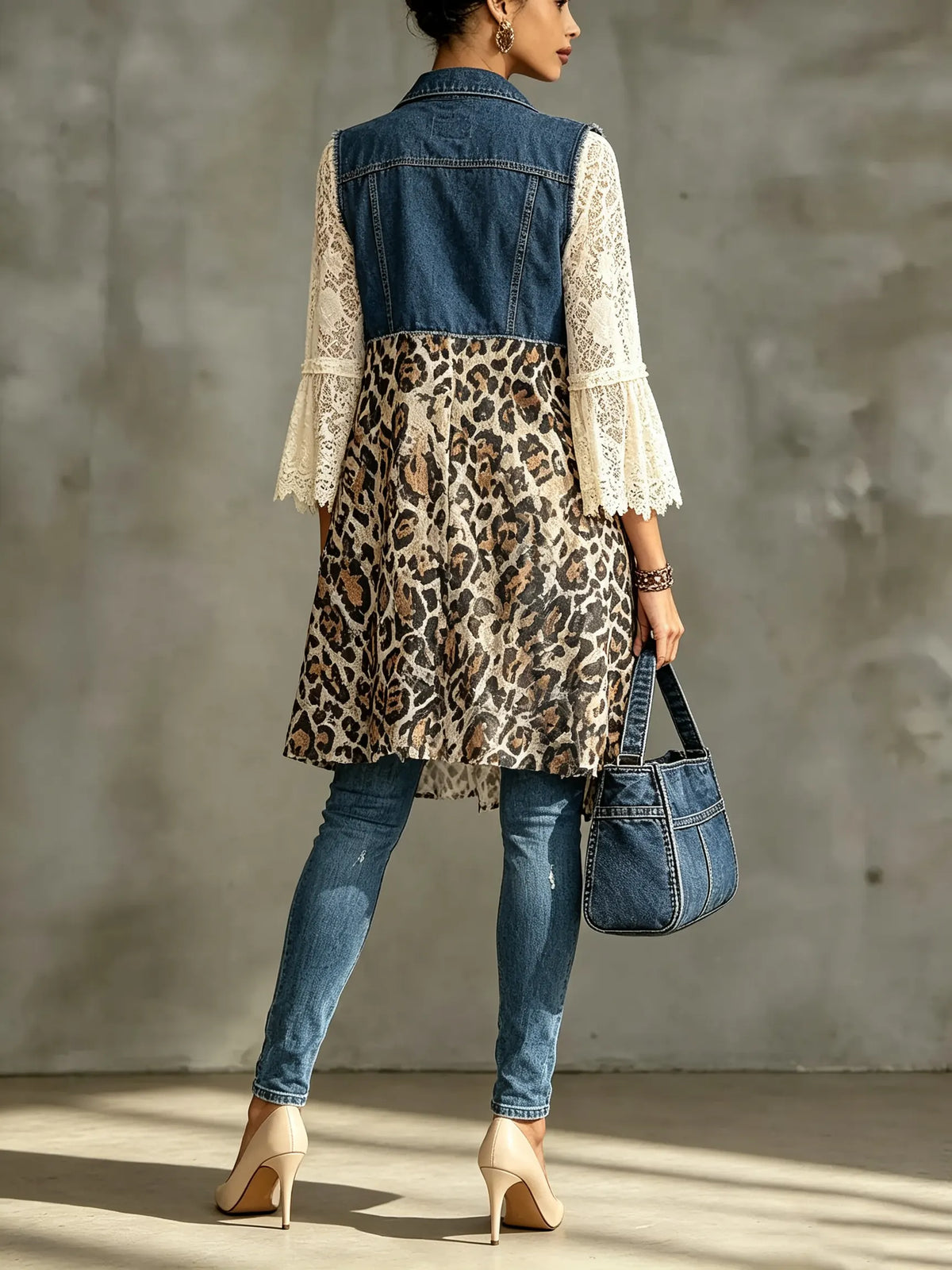 Chaleco largo de mezclilla para mujer con encaje y estampado de leopardo combinado