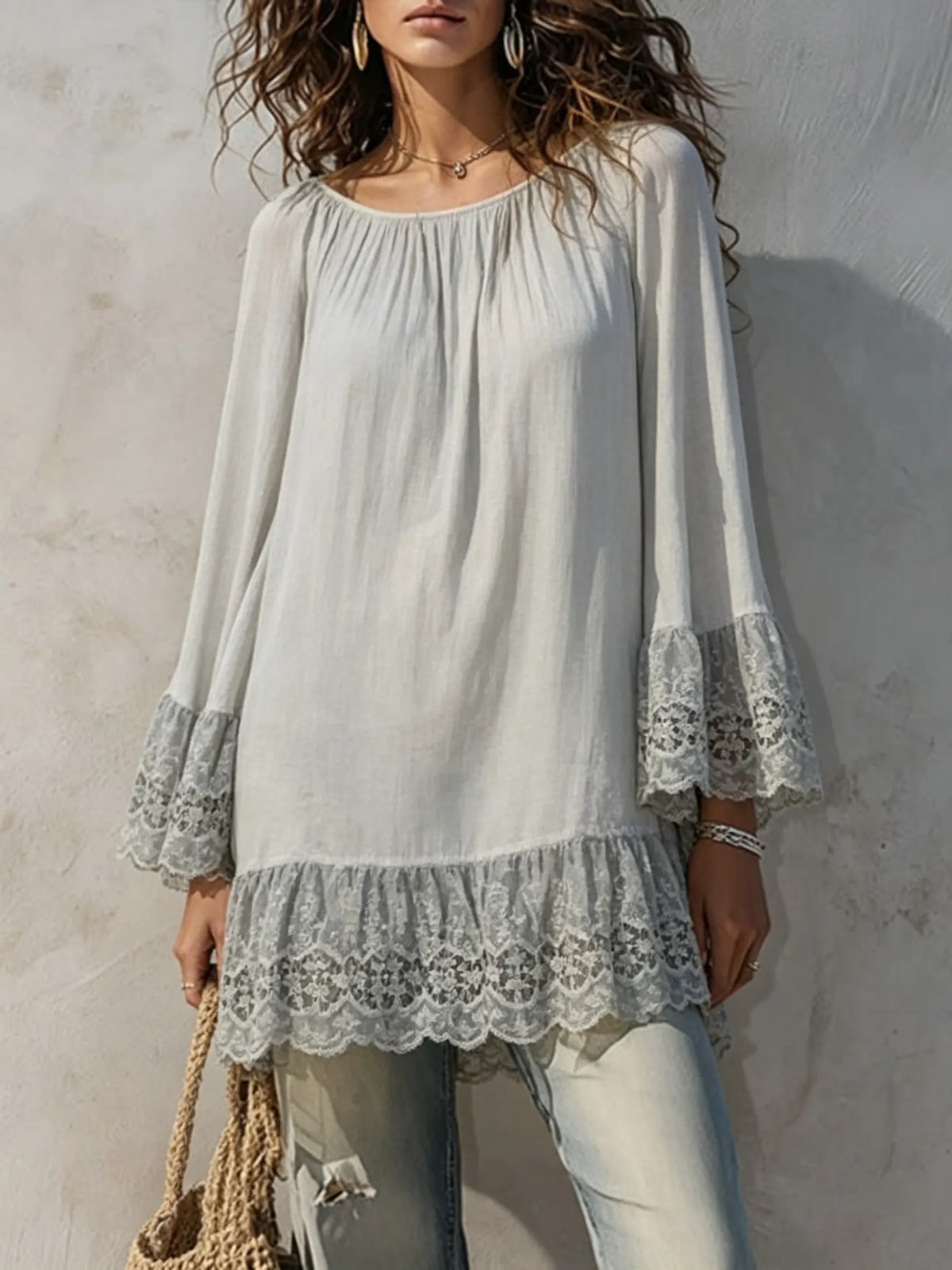 Blusa larga suelta para mujer de color sólido con mangas acampanadas de encaje