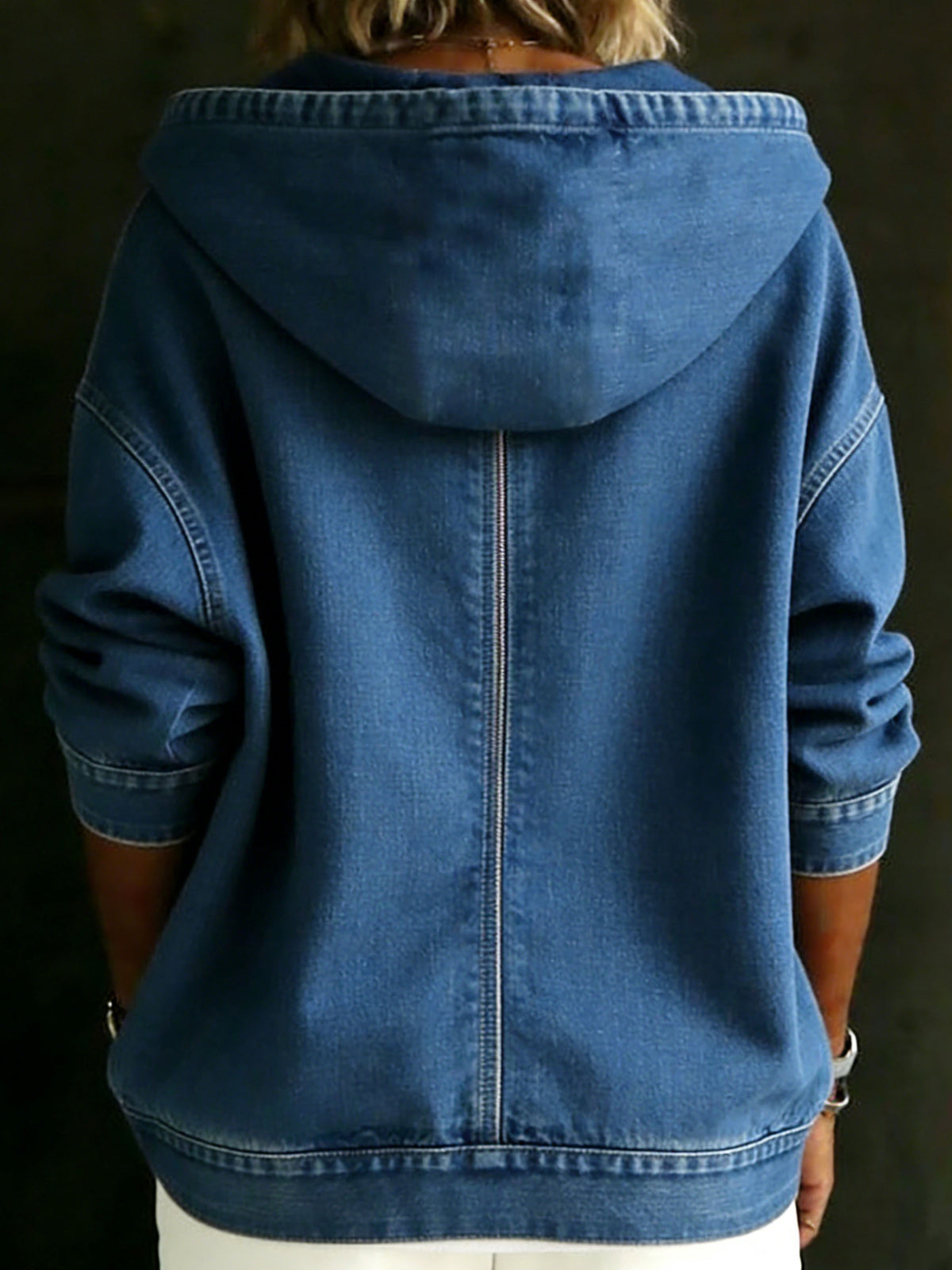 Felpa con cappuccio da donna casual in denim con zip e maniche lunghe