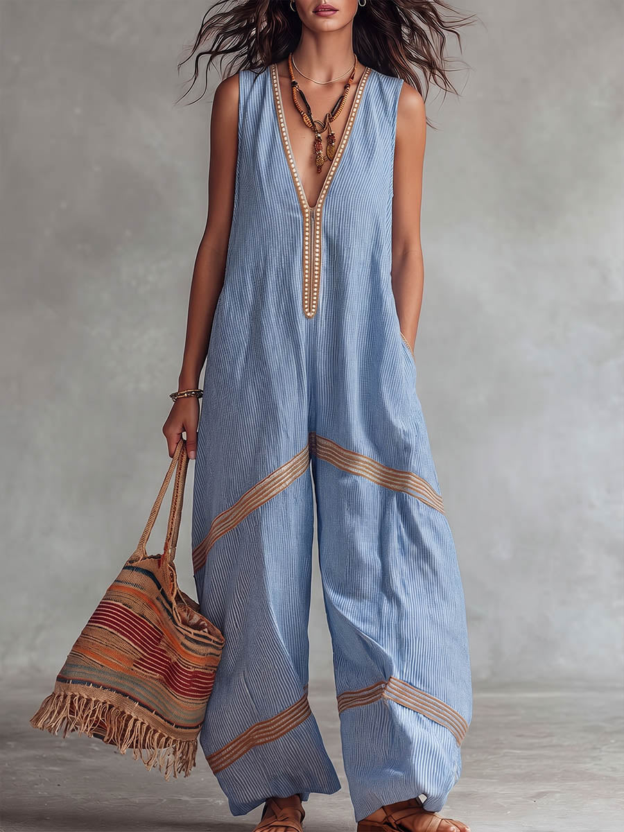 Mono casual holgado de algodón y lino para mujer con estampado a rayas, cuello en V, sin mangas y pierna ancha