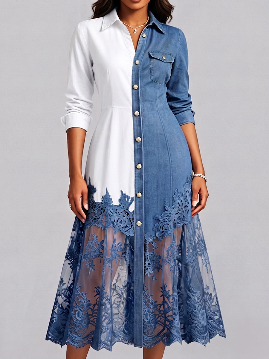 Elegantes Jeanskleid mit zweifarbigem Spitzenabschluss