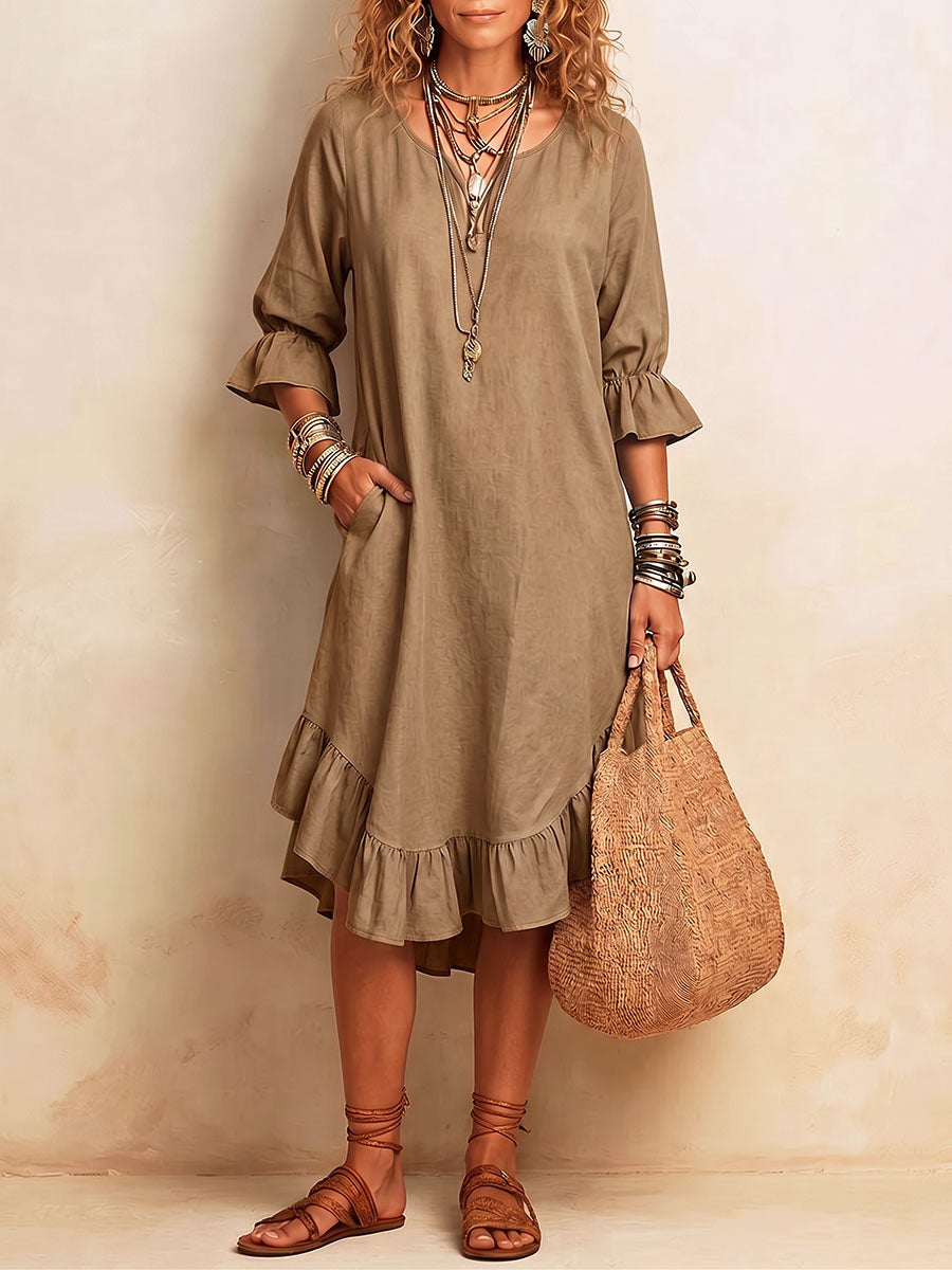 Vestido casual suelto de algodón y lino para mujer, de color sólido, con escote en V y manga 3/4