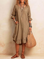 Vestido casual suelto de algodón y lino para mujer, de color sólido, con escote en V y manga 3/4