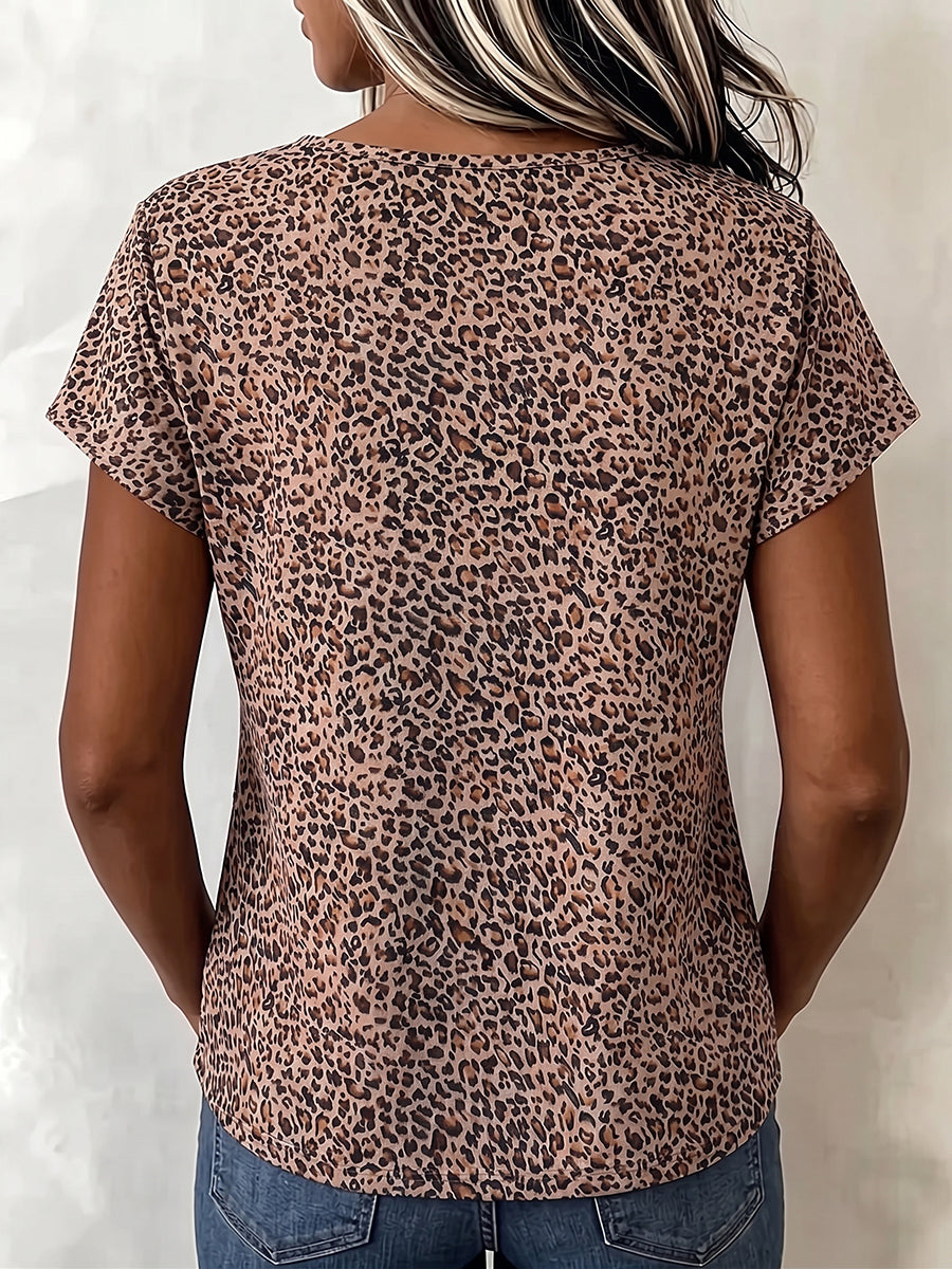 Top in cotone casual rilassato con stampa leopardata e ritagli