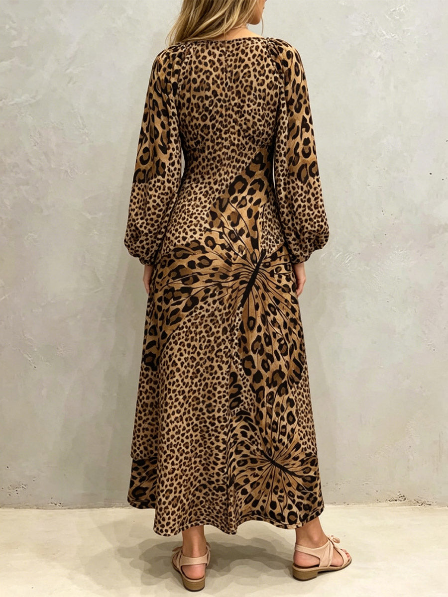 Damen Kleid mit Schmetterlings- und Leopardenmuster, locker, künstlerisch, lässig, stilvoll, mit langen Ärmeln