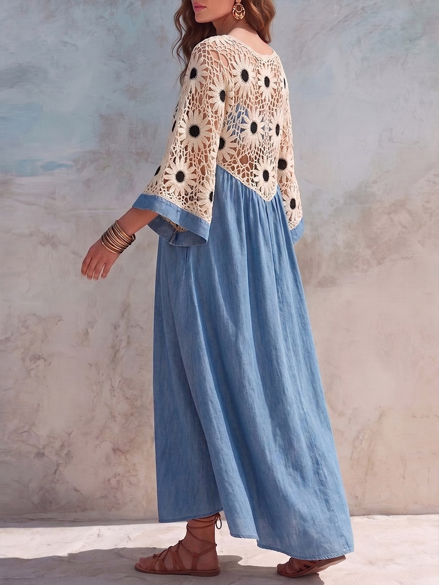 Vintage elegantes Jeanskleid mit Cut-Outs, Häkel- und Patchwork-Details