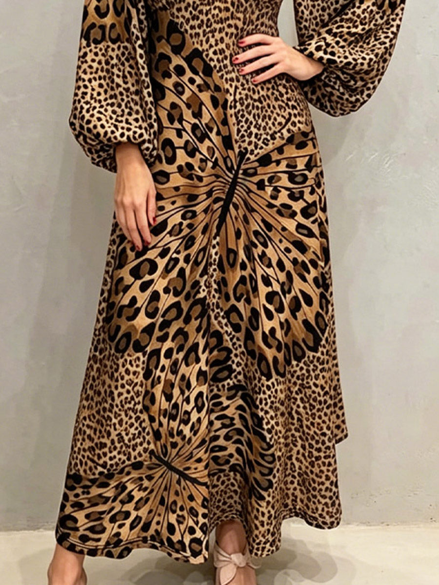 Damen Kleid mit Schmetterlings- und Leopardenmuster, locker, künstlerisch, lässig, stilvoll, mit langen Ärmeln