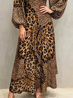 Damen Kleid mit Schmetterlings- und Leopardenmuster, locker, künstlerisch, lässig, stilvoll, mit langen Ärmeln