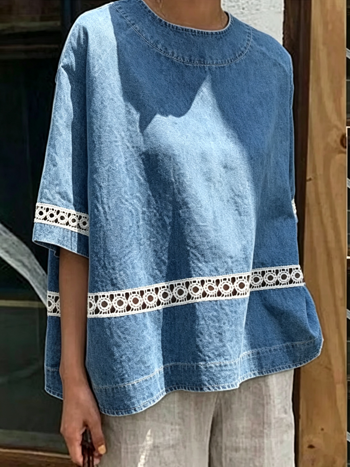 Damen Oversize Denim Top mit Spitzen-Einsatz
