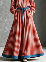 Robe longue décontractée en coton et lin à manches 3/4, à capuche, à rayures rétro et coupe ample