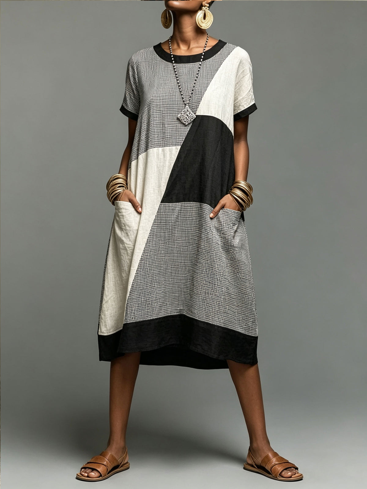 Damen Midi-Kleid aus Leinenmischung mit geometrischem Farbblock-Gittermuster und Taschen