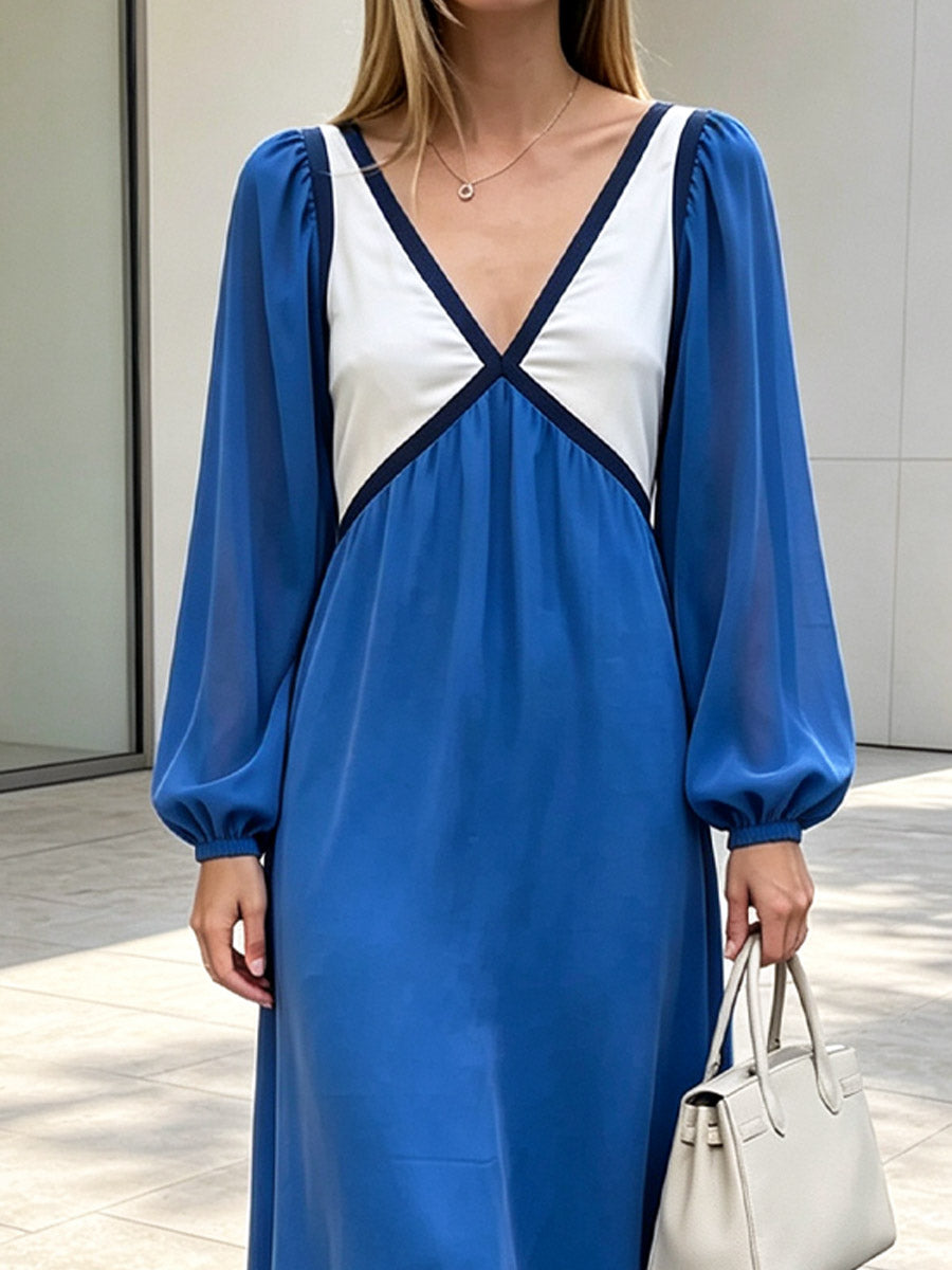 Chic Color Block V-Collar Loose Art Casual Long Sleeve Dress