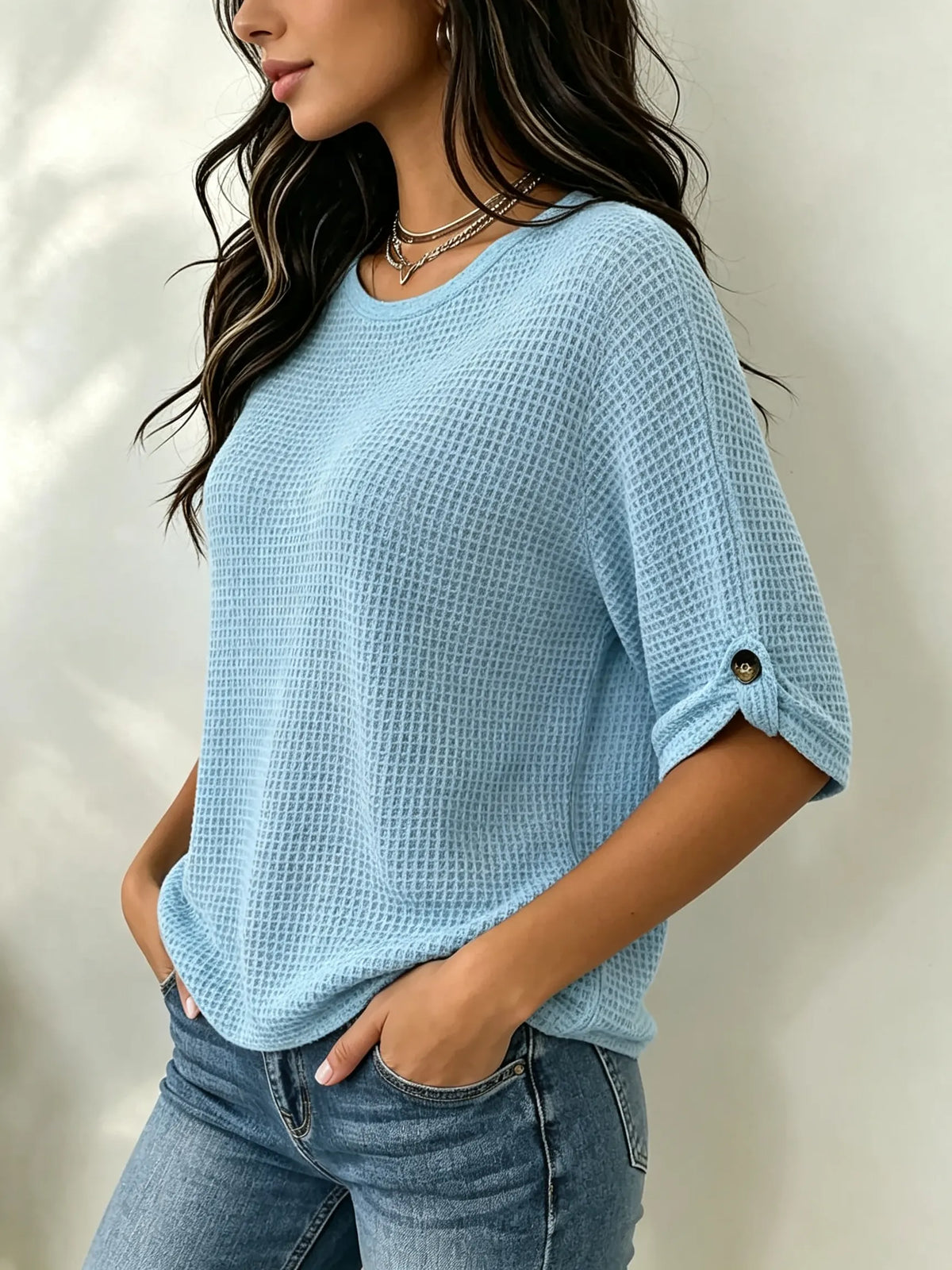 Top da donna in maglia waffle con maniche a bottoni