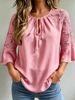 Blusa casual para mujer con encaje floral, mangas raglán acampanadas y cuello con lazo