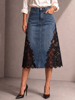 Damen Jeansrock mit hohem Bund, locker sitzend, A-Linie, mit Spitzenbesatz