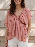 Blusa peplum de gasa para mujer con volantes, escote en V y mangas cortas con vuelo