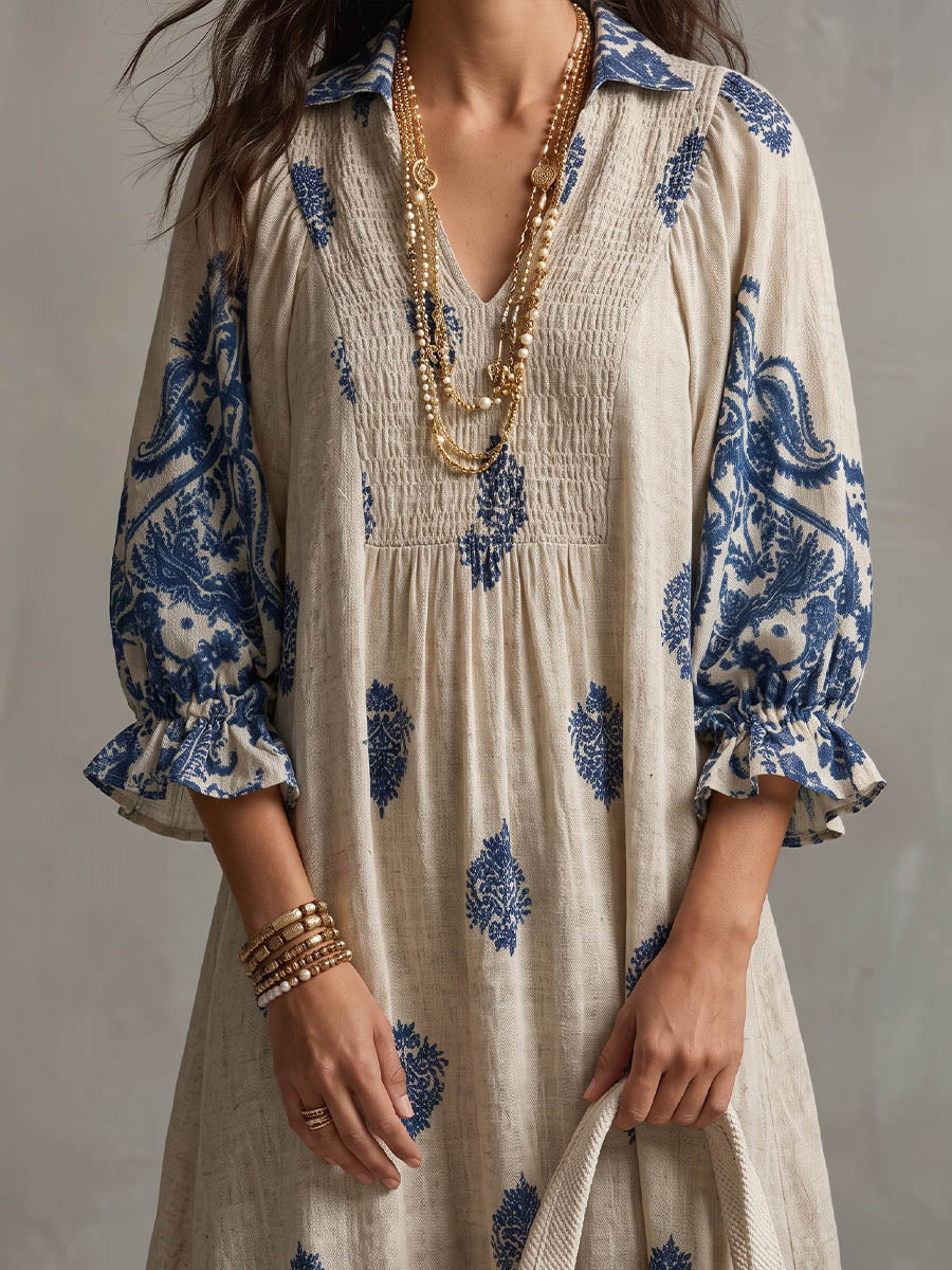 Vintage Art Comfortable Fabrics Cotton Linen Patterned Print Dress