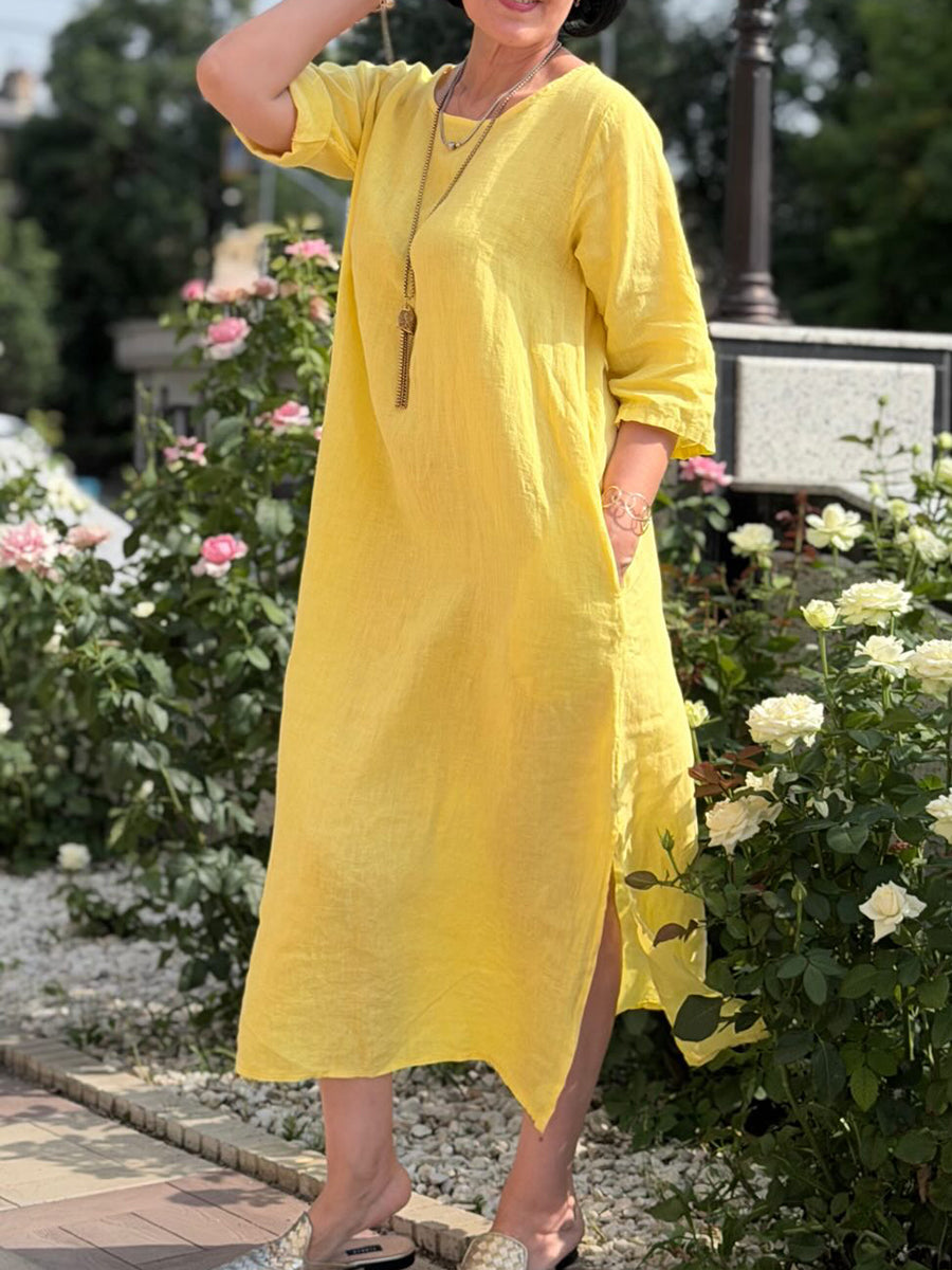 Sonnengelbes Kleid aus Baumwoll-Leinen mit seitlichen Schlitzen