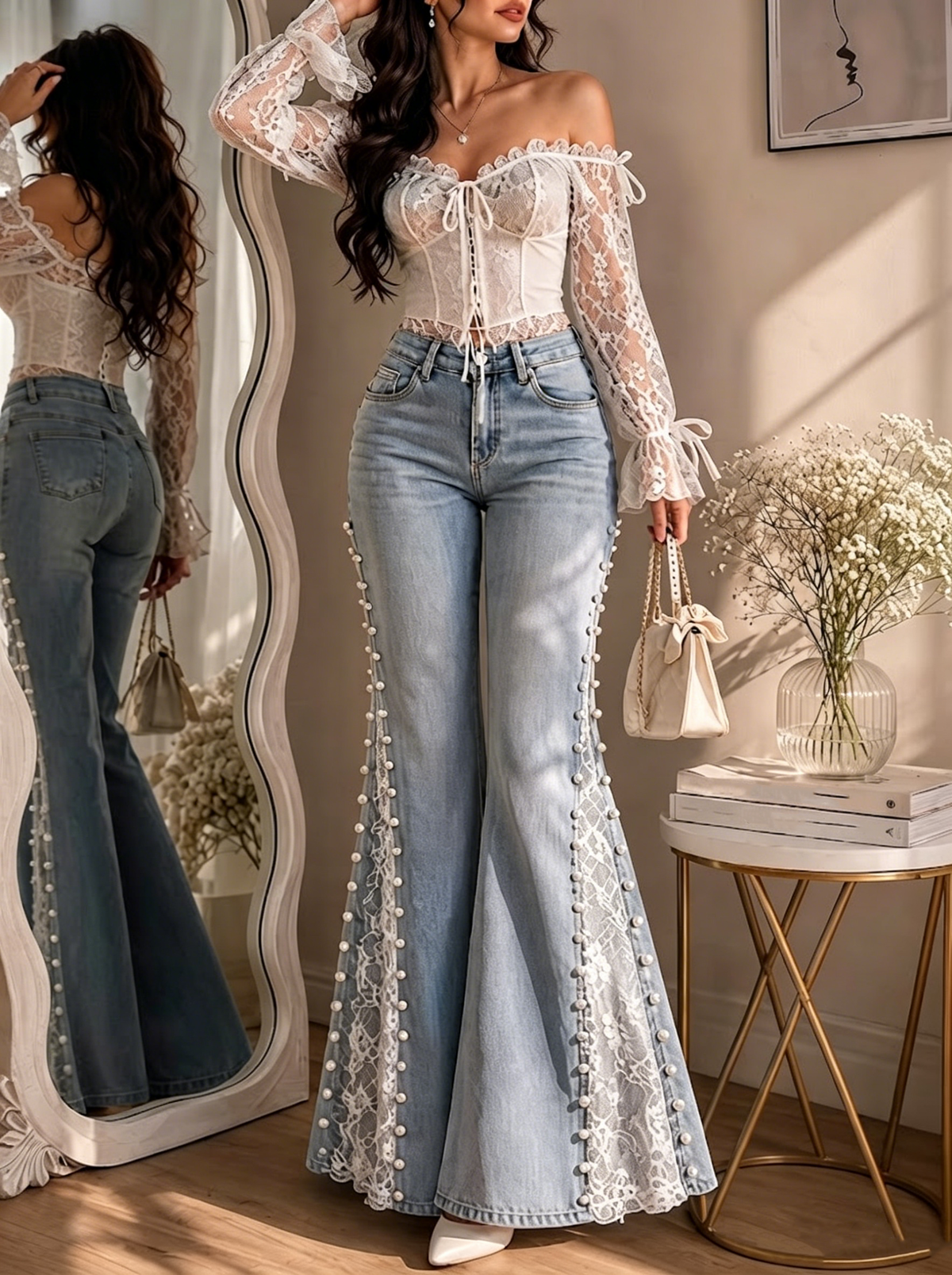 Schlanke Jeans mit weitem Bein, Spitzenbesatz, Farbblockierung und Perlenverzierung