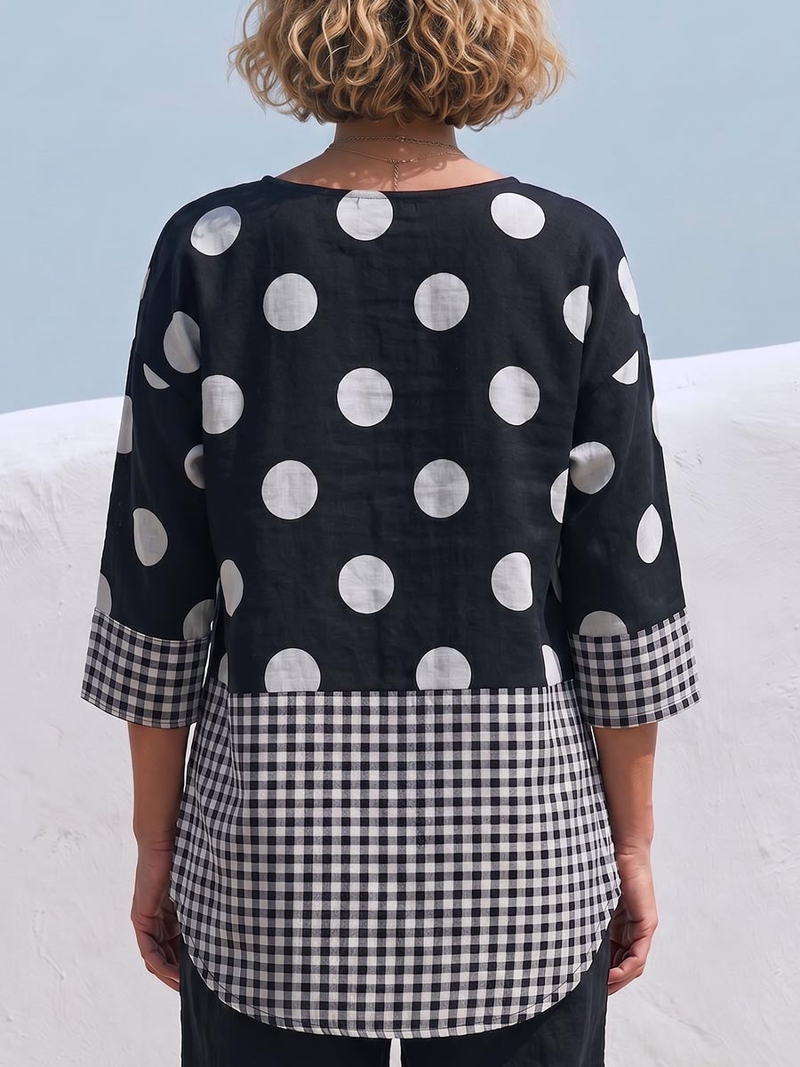 Damen Casual Lockeres Baumwoll-Leinen-Oberteil mit Polka-Dot- und Karomuster-Einsätzen, Rundhalsausschnitt und 3/4-Ärmeln