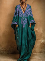 Türkisfarbener Boho-Maxikleid mit V-Ausschnitt