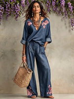 Conjunto de dos piezas de mezclilla Tencel bordado con flores estilo boho-chic