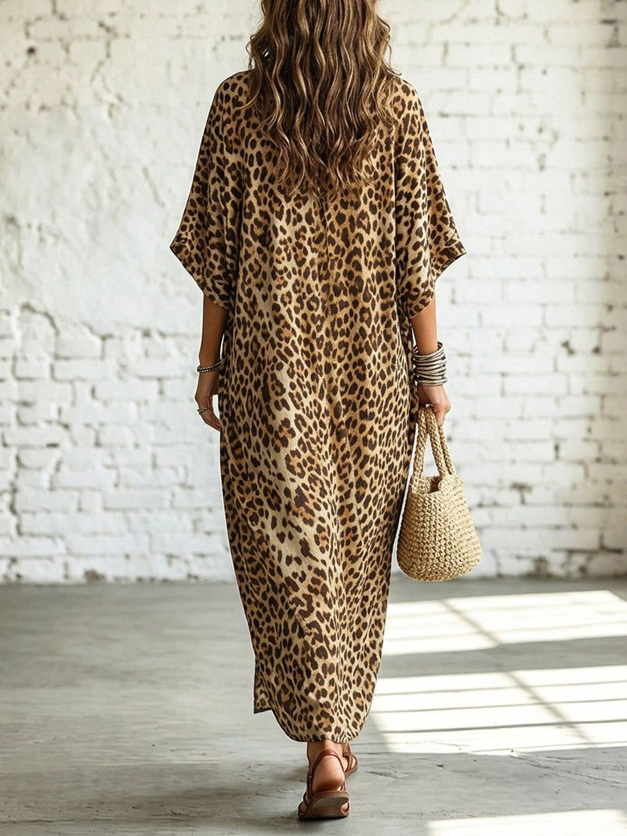 Vestido maxi casual de manga corta suelta con patrón de leopardo retro chic
