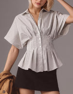 Top da donna casual versatile a righe con vita plissettata e effetto snellente