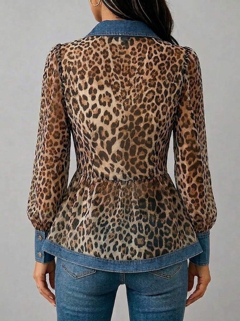 Camicia casual e alla moda in denim cucito e stampa leopardata