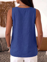 Top casual da donna senza maniche, collo rotondo, tinta unita, in cotone e lino, vestibilità ampia