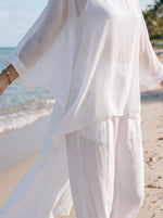 Conjunto de dos piezas para mujer: blusa fluida de manga murciélago transparente y pantalones de pierna ancha de algodón y lino