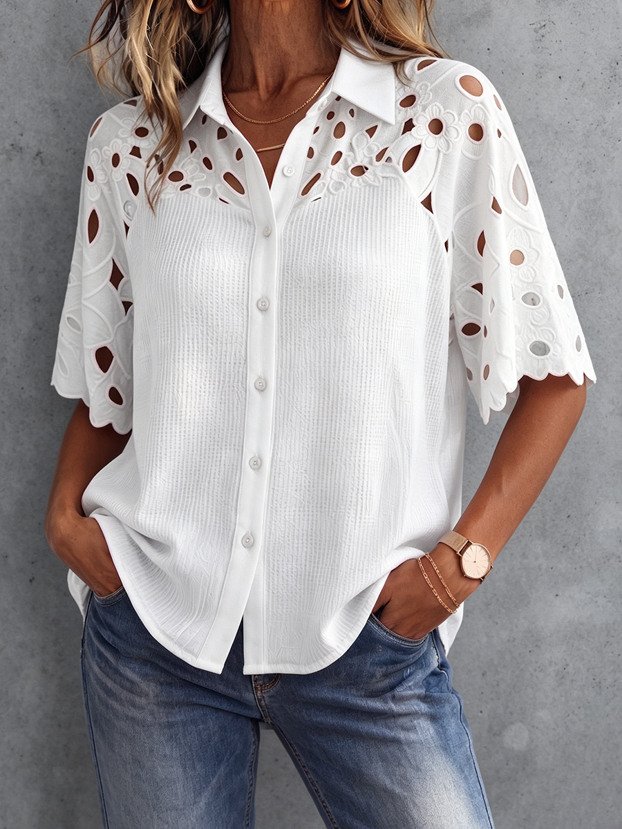 Boho-Blumenstickerei Patchwork Strick-Button-up-Top