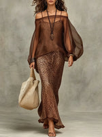 Damen-Set aus transparentem Chiffon-Oberteil mit Laternenärmeln und figurbetontem Leopardenrock