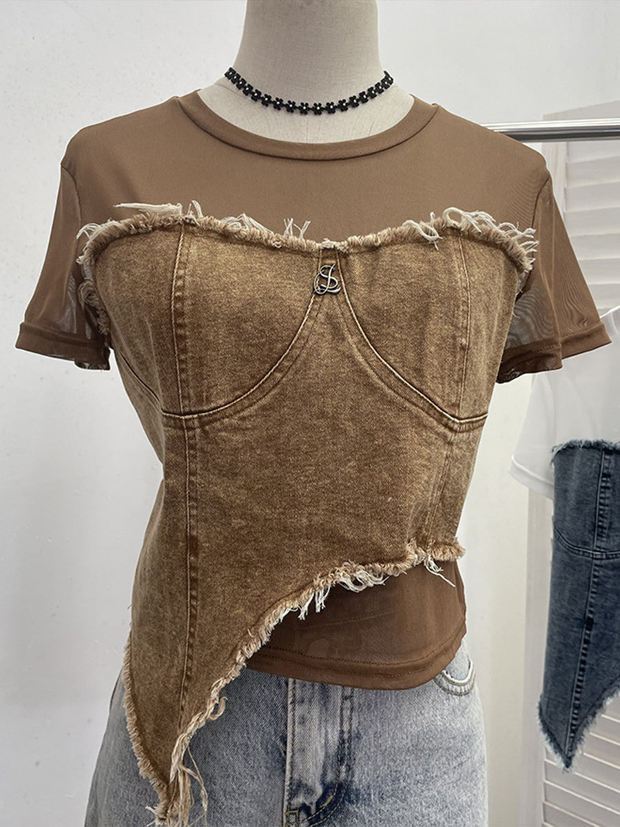 Stylisches lässiges Denim-Oberteil mit elastischen Mesh-Einsätzen