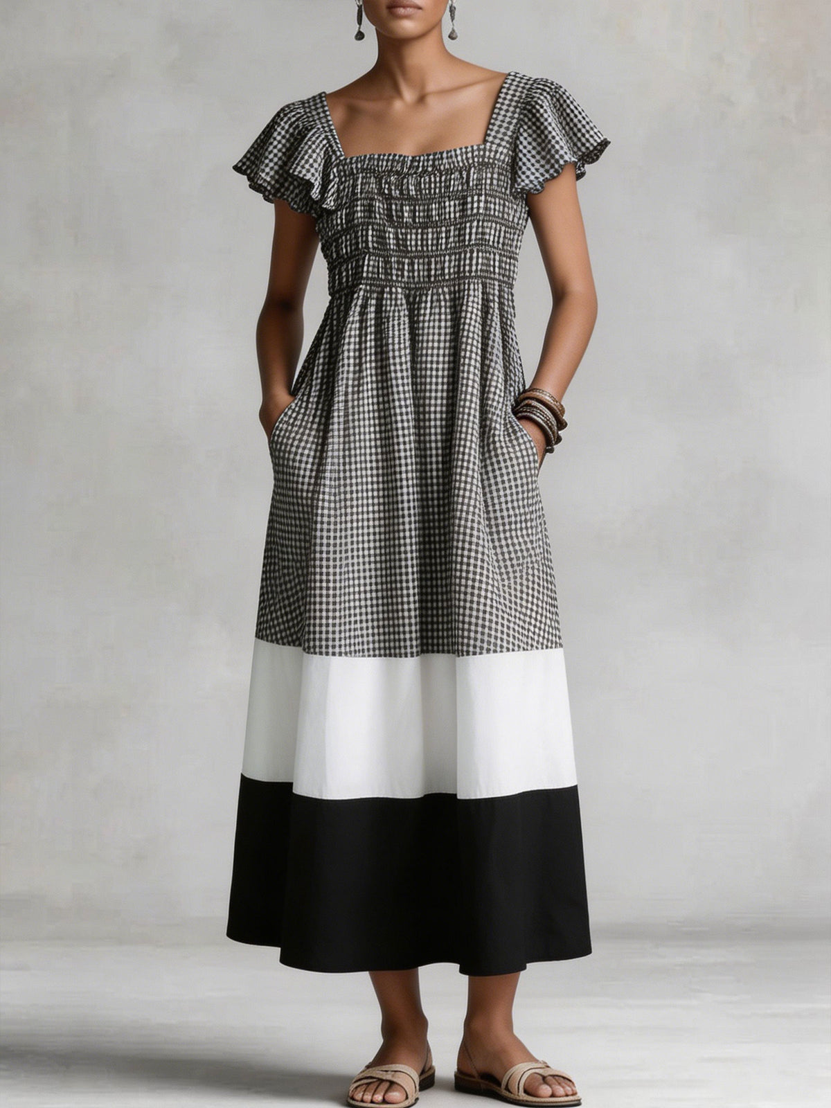 Vestito midi da donna in cotone e lino con scollo quadrato, maniche a volant e motivo a blocchi di colore gingham