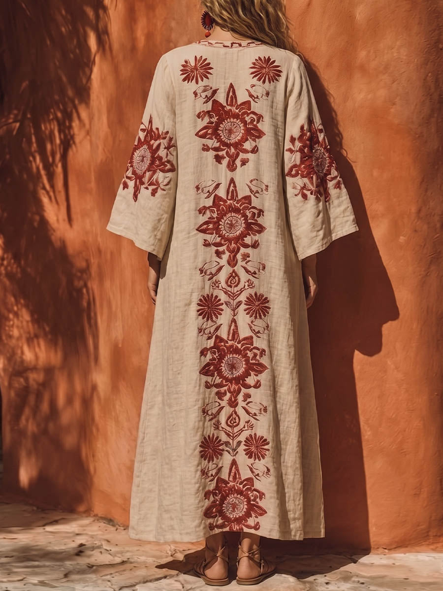 Damen Freizeitkleid aus lockerem Baumwoll-Leinen mit V-Ausschnitt und langem Arm, mit platziertem Druck