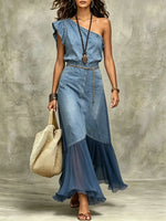 Maxikleid für Damen mit einer Schulter, aus Denim und Chiffon, plissiert