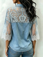 Camicia di jeans da donna con colletto, maniche 3/4 e patchwork in pizzo floreale