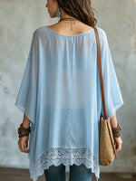 Blusa de gasa transparente para mujer con encaje y bajo asimétrico