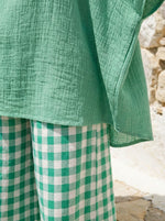 Conjunto de dos piezas para mujer: blusa texturizada de algodón y lino y pantalones anchos de cuadros vichy