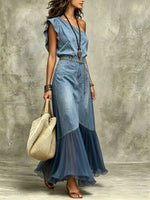 Maxikleid für Damen mit einer Schulter, aus Denim und Chiffon, plissiert