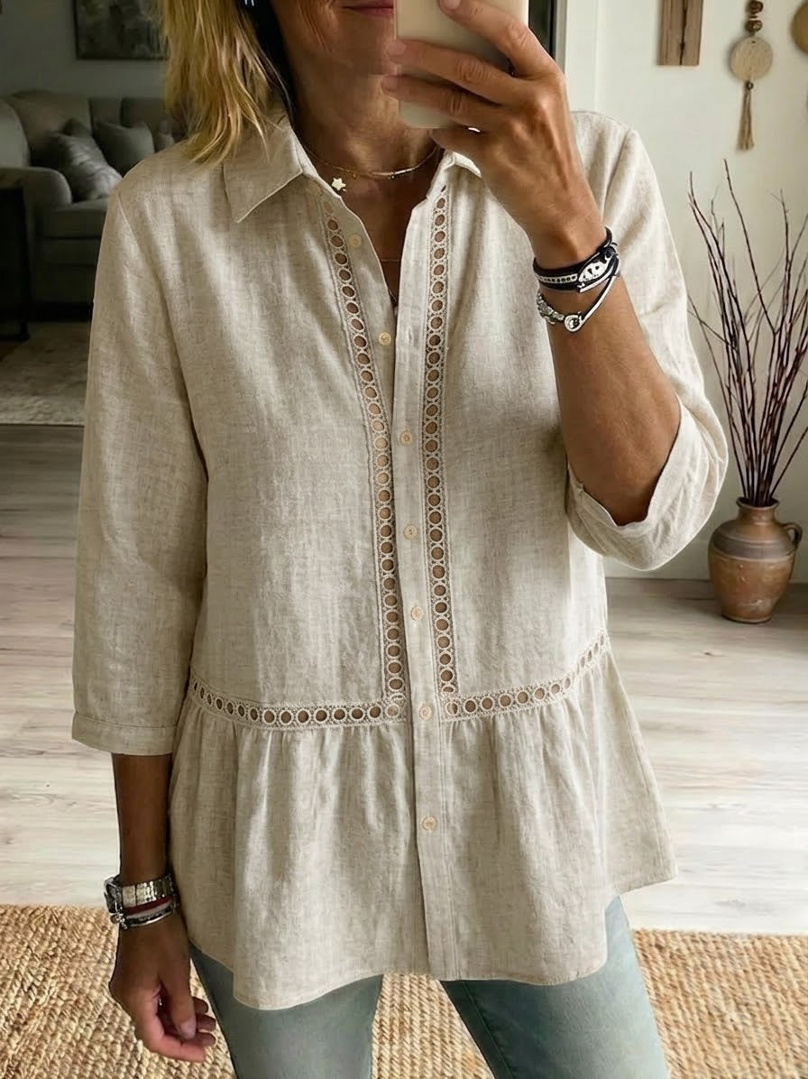 Camicia casual in lino e cotone con rete a patchwork traforata