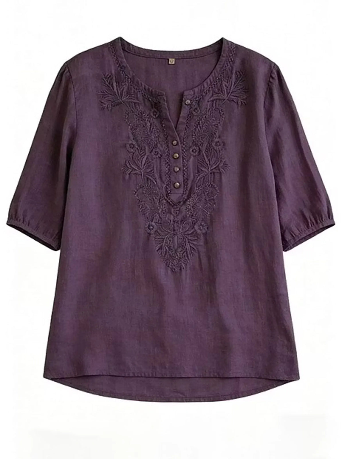 Blusa de manga corta con cuello redondo para mujer, de algodón y lino, bordada y de corte holgado