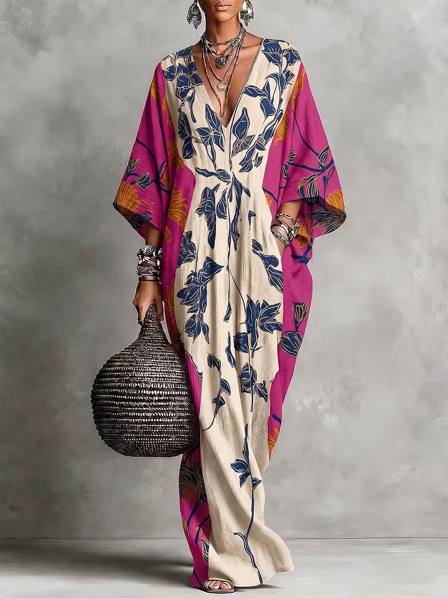 Lebhafter botanischer Maxikaftan mit V-Ausschnitt und Paneelen