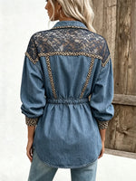 Damen Jeansjacke mit Leopardenmuster, Spitzenbesatz und Kordelzug in der Taille