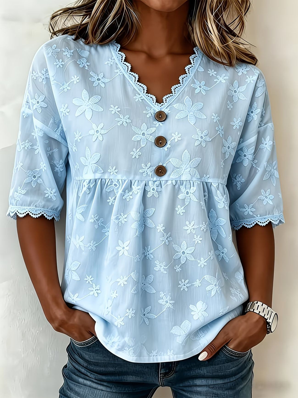 Vintage-style Casual Short-sleeve Shirt Featuring A V-neck, Lace Cut-out Patchwork, And Embroidery