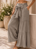 Pantaloni casual da donna a tinta unita, vita alta, vestibilità ampia, in cotone e lino, gamba larga