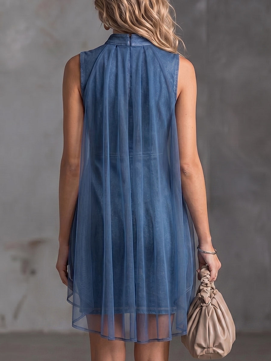 Damen ärmelloses, tailliertes Jeanskleid mit Stehkragen und Chiffon-Einsätzen, lässig geschnitten