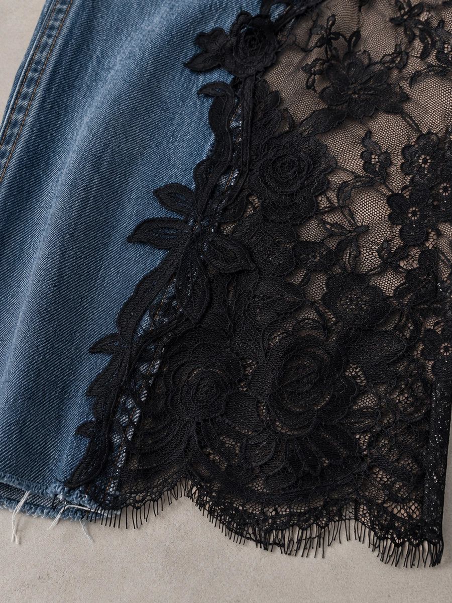 Elegante Jeans mit breitem Bein und Spitzenpaneel für Damen – Hoch taillierte Premium-Jeans im Vintage-Waschlook