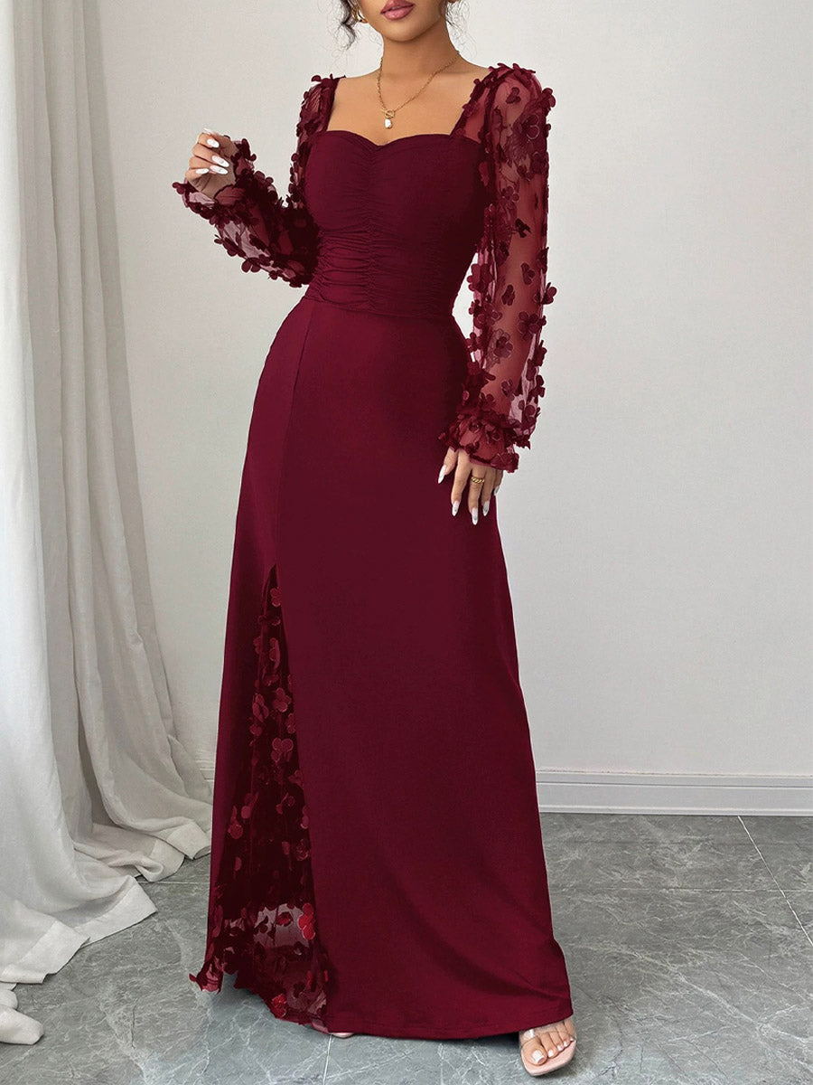 Elegantes Damenkleid mit Blumen-Spitzen-Patchwork, lässig und lang